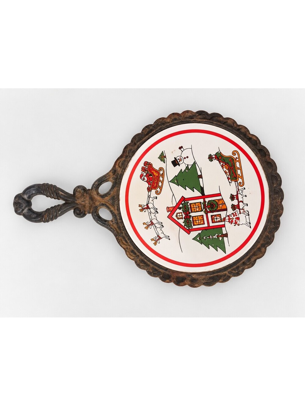 Vintage Cast Iron Christmas Trivet Wall Hanging Hot Plate Cottage Snowman